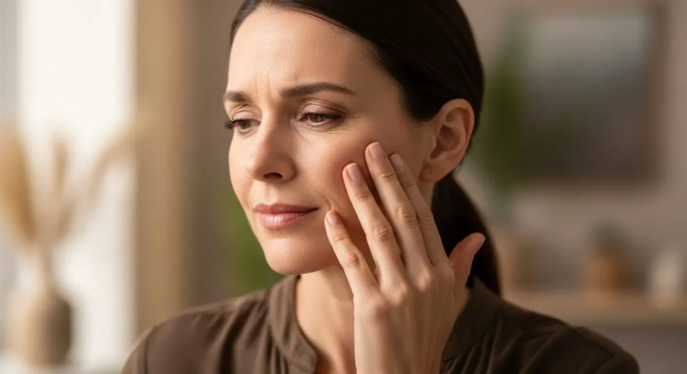 Woman noticing loose skin along jawline at Heritage Wellness & Med Spa Crescent Springs
